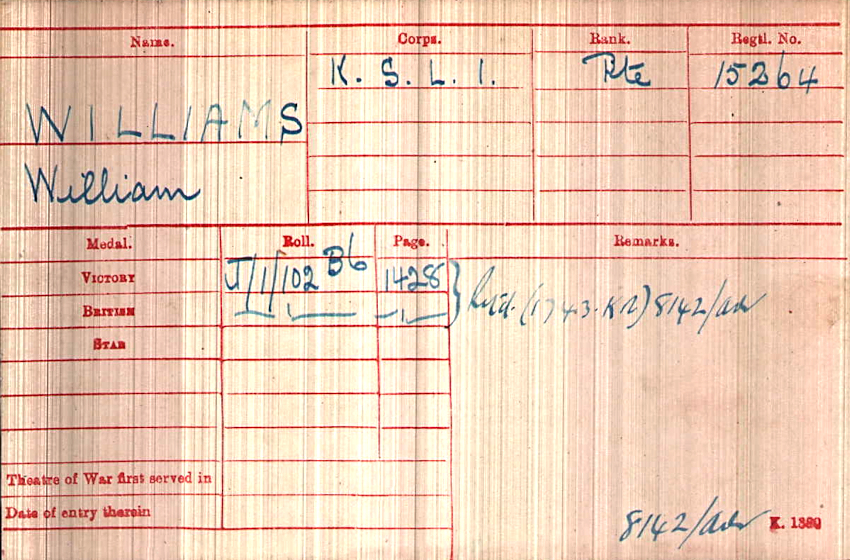 WWI Medal Rolls Index Card